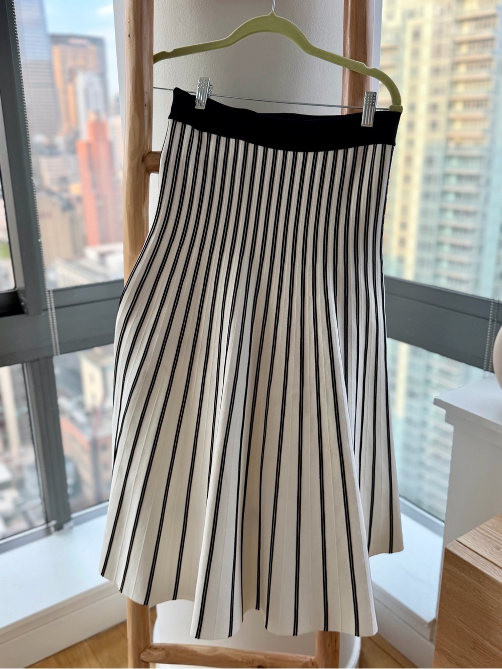 Maje Black and White Vertical-Stripe Pleated Midi Skirt